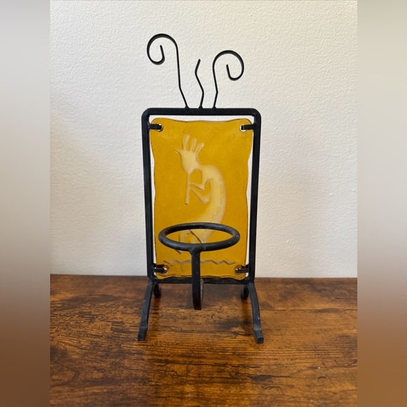 Yellow Kokopelli Glass Art with Black Metal Cast Iron Tea Light Candle holder - Picture 3 of 3